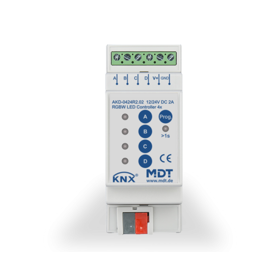 KNX LED RGBW dimmer, 4 channels, 4A, 12/24VDC, 4 HP,