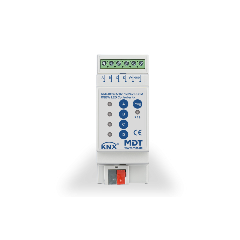 KNX LED RGBW dimmer, 4 channels, 4A, 12/24VDC, 4 HP,