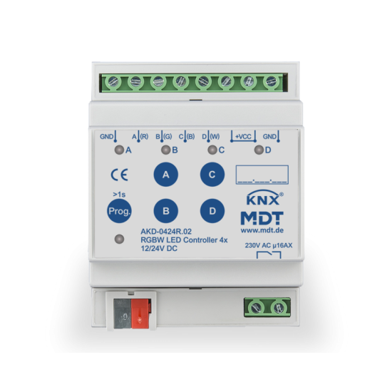 KNX LED RGBW dimmer, 4 channels, 2A, 12/24VDC, 2 HP
