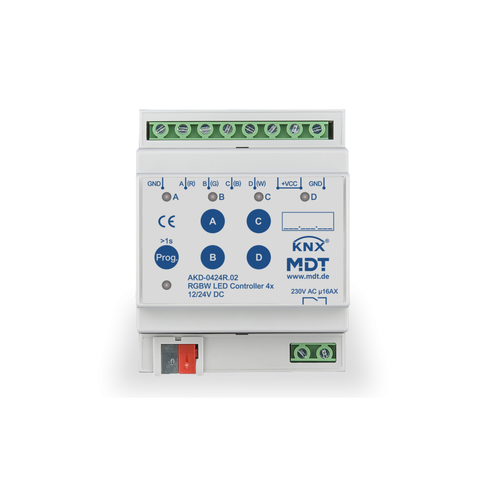 KNX LED RGBW dimmer, 4 channels, 2A, 12/24VDC, 2 HP